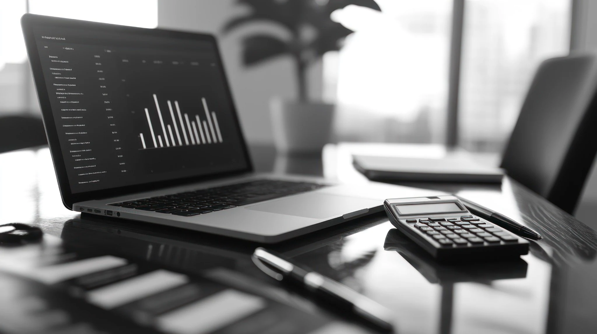 Ambiente contábil com notebook, gráficos e calculadora